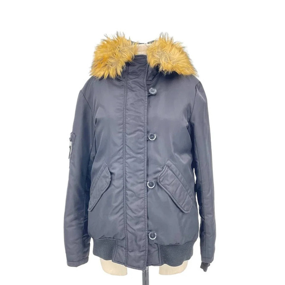 S13‎ Alps Parka Faux Fur Trim Down Hooded Puffer Coat Black Size Medium - Picture 2 of 14